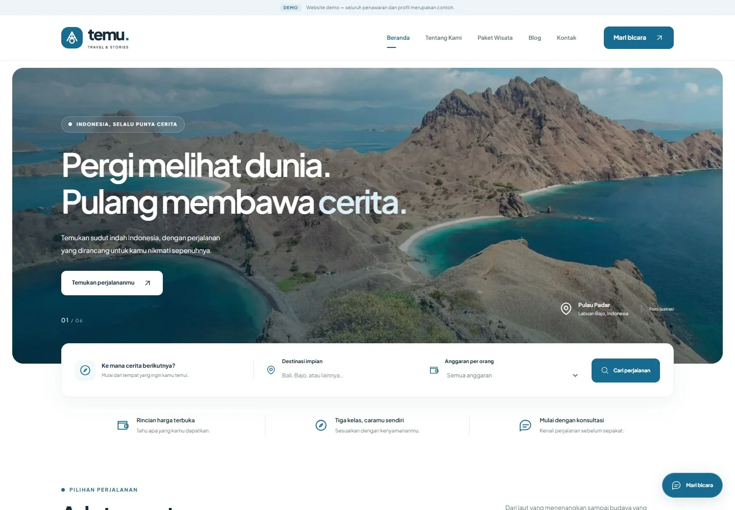 Website Temu Travel dengan panorama Pulau Padar
